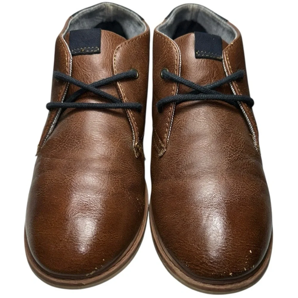 Max + Jake Size 5 Brown Navy Blue Faux Leather Damian Bennett Chukka Dress Boots
